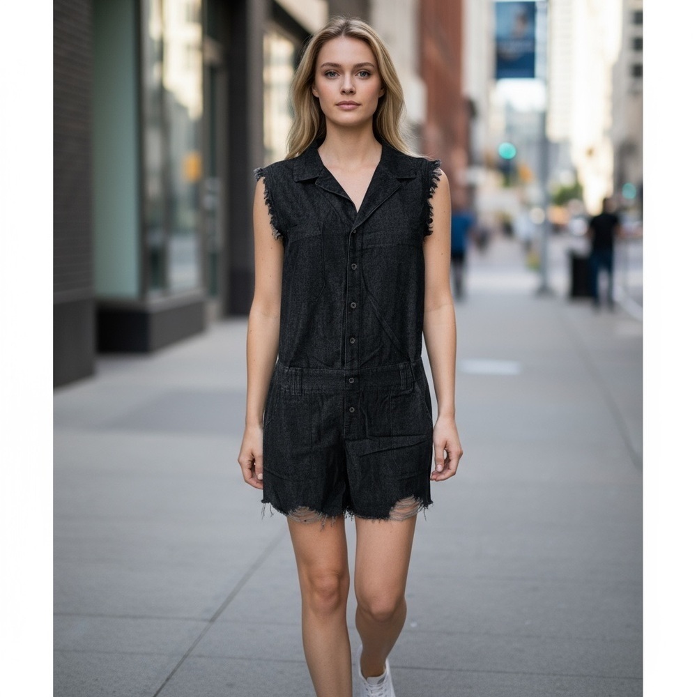 Umgee Black Sleeveless Denim Romper with Frayed Trim